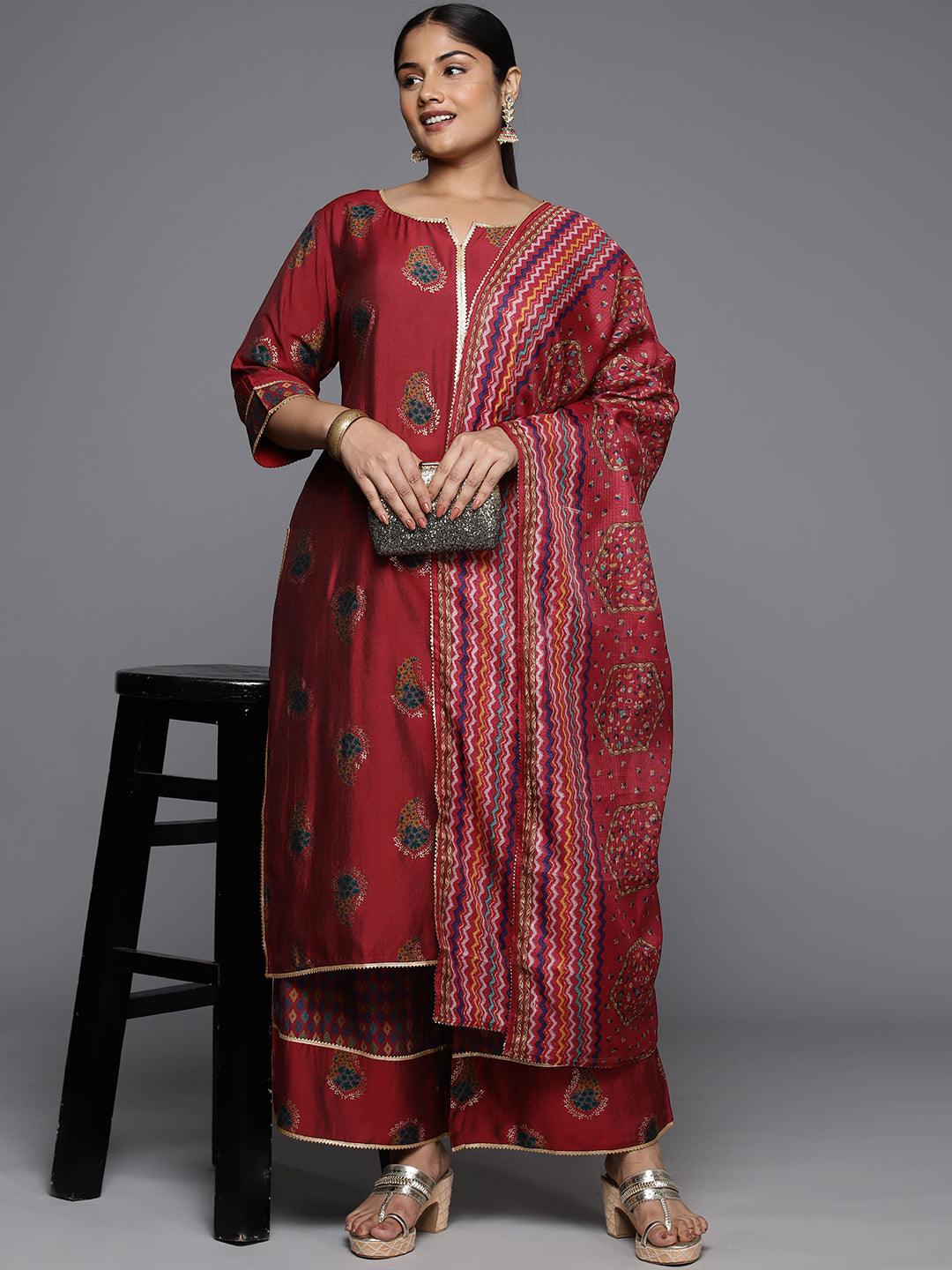 Plus Size Red Printed Silk Blend Straight Kurta With Palazzos & Dupatta - ShopLibas