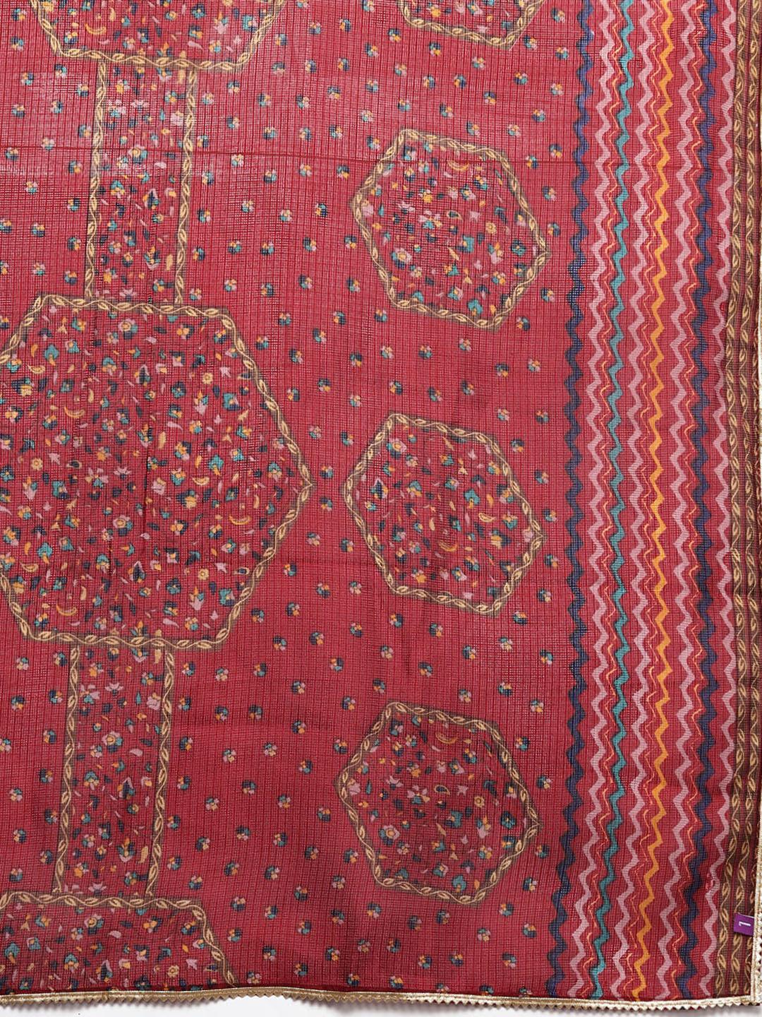 Plus Size Red Printed Silk Blend Straight Kurta With Palazzos & Dupatta - ShopLibas