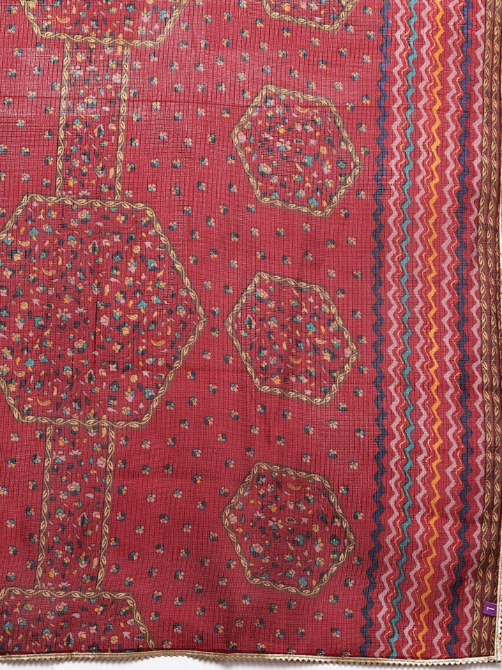 Plus Size Red Printed Silk Blend Straight Suit With Dupatta