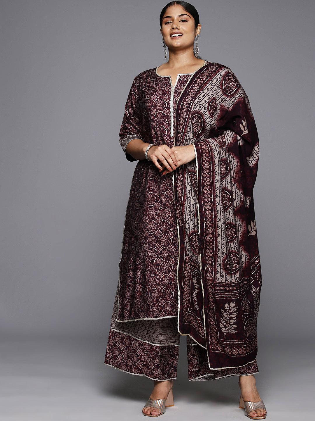 Plus Size Burgundy Printed Silk Blend Straight Kurta With Palazzos & Dupatta - ShopLibas