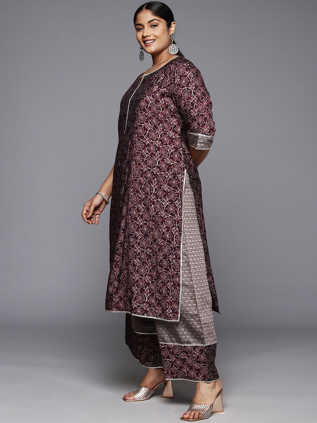 Plus Size Burgundy Printed Silk Blend Straight Kurta With Palazzos & Dupatta - ShopLibas