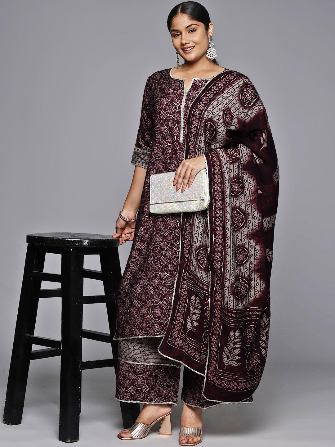 Plus Size Burgundy Printed Silk Blend Straight Kurta With Palazzos & Dupatta - ShopLibas