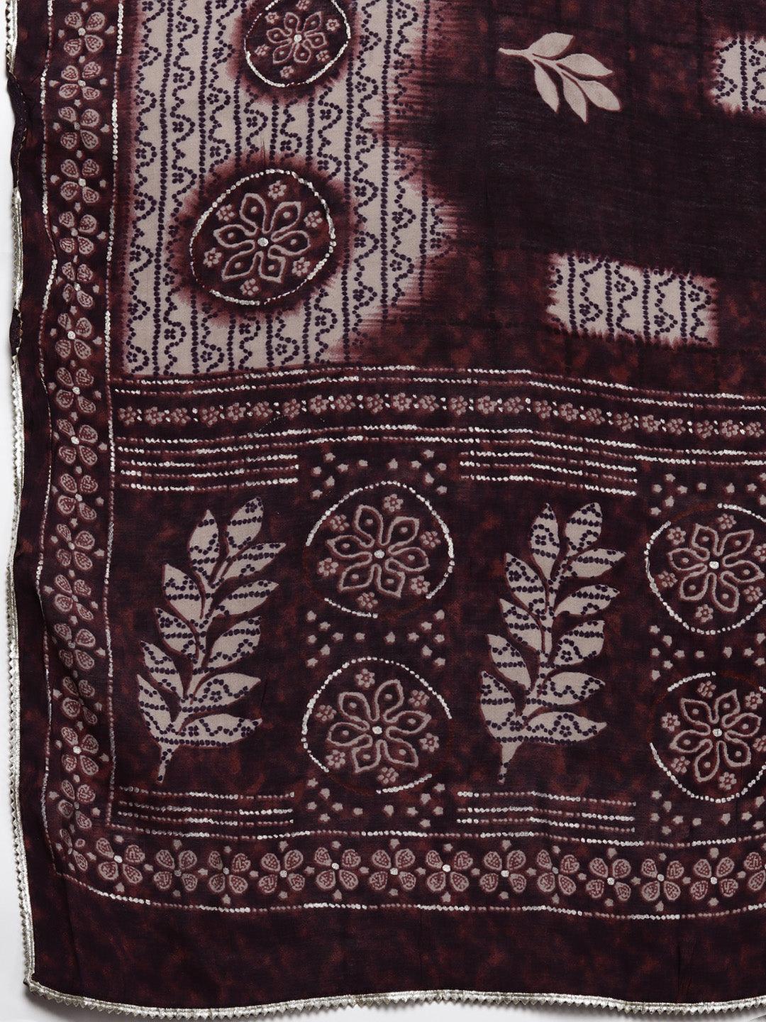 Plus Size Burgundy Printed Silk Blend Straight Kurta With Palazzos & Dupatta - ShopLibas