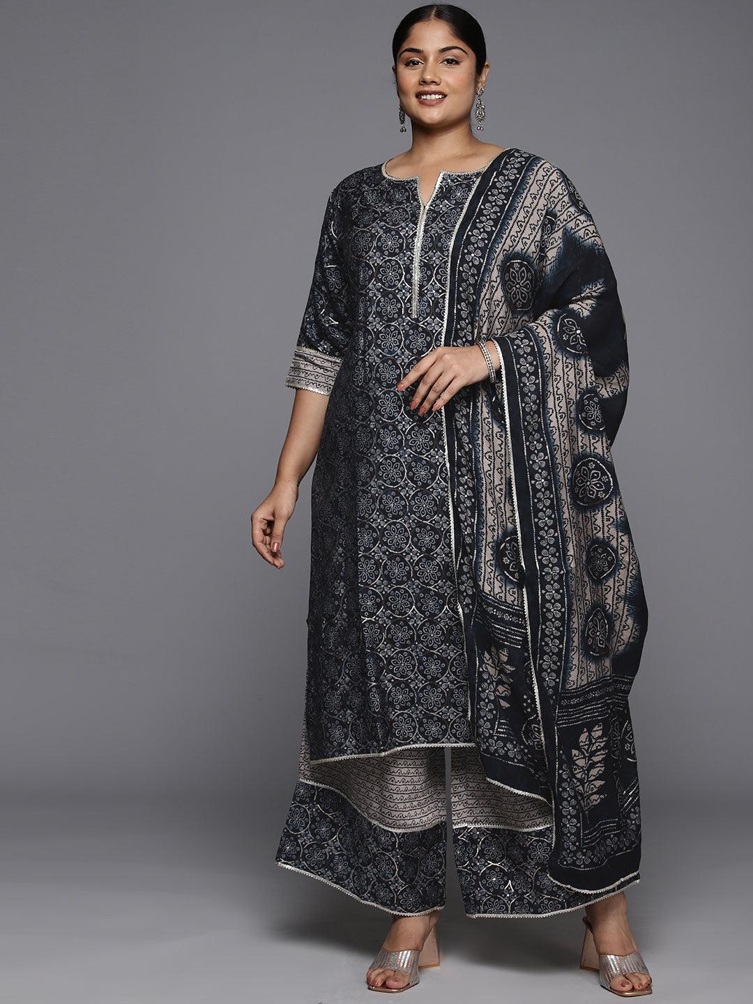 Plus Size Blue Printed Silk Blend Straight Kurta With Palazzos & Dupatta - ShopLibas