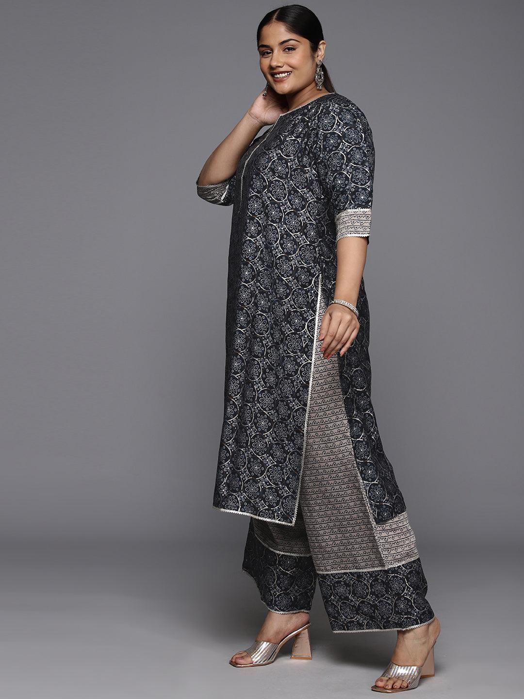 Plus Size Blue Printed Silk Blend Straight Kurta With Palazzos & Dupatta - ShopLibas