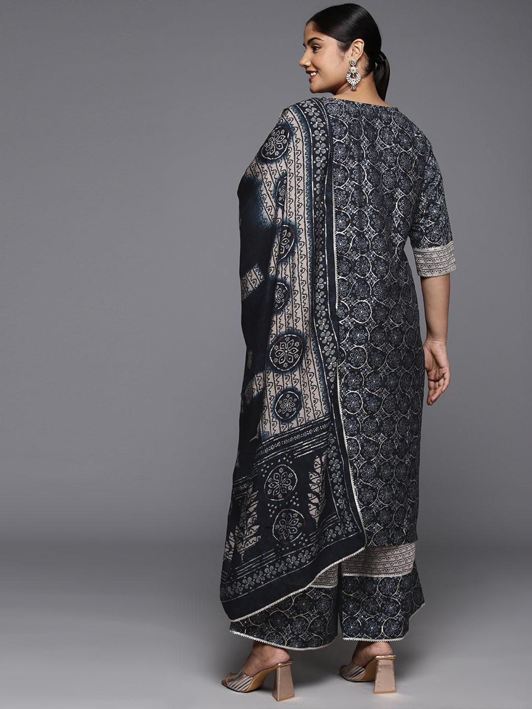 Plus Size Blue Printed Silk Blend Straight Kurta With Palazzos & Dupatta - ShopLibas