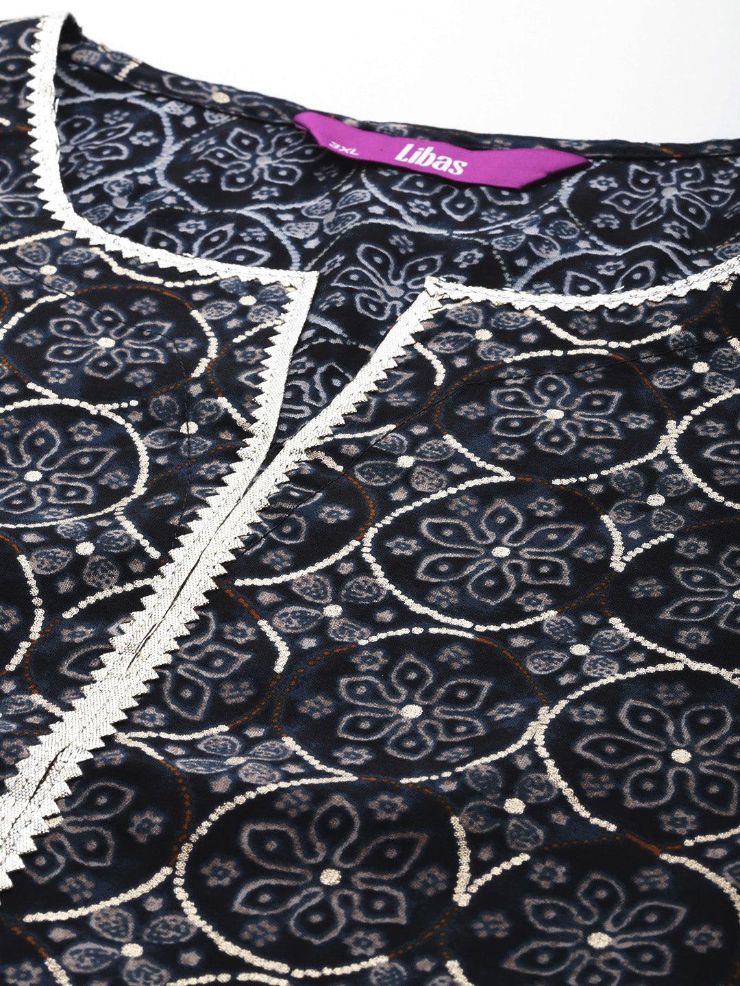 Plus Size Blue Printed Silk Blend Straight Kurta With Palazzos & Dupatta - ShopLibas