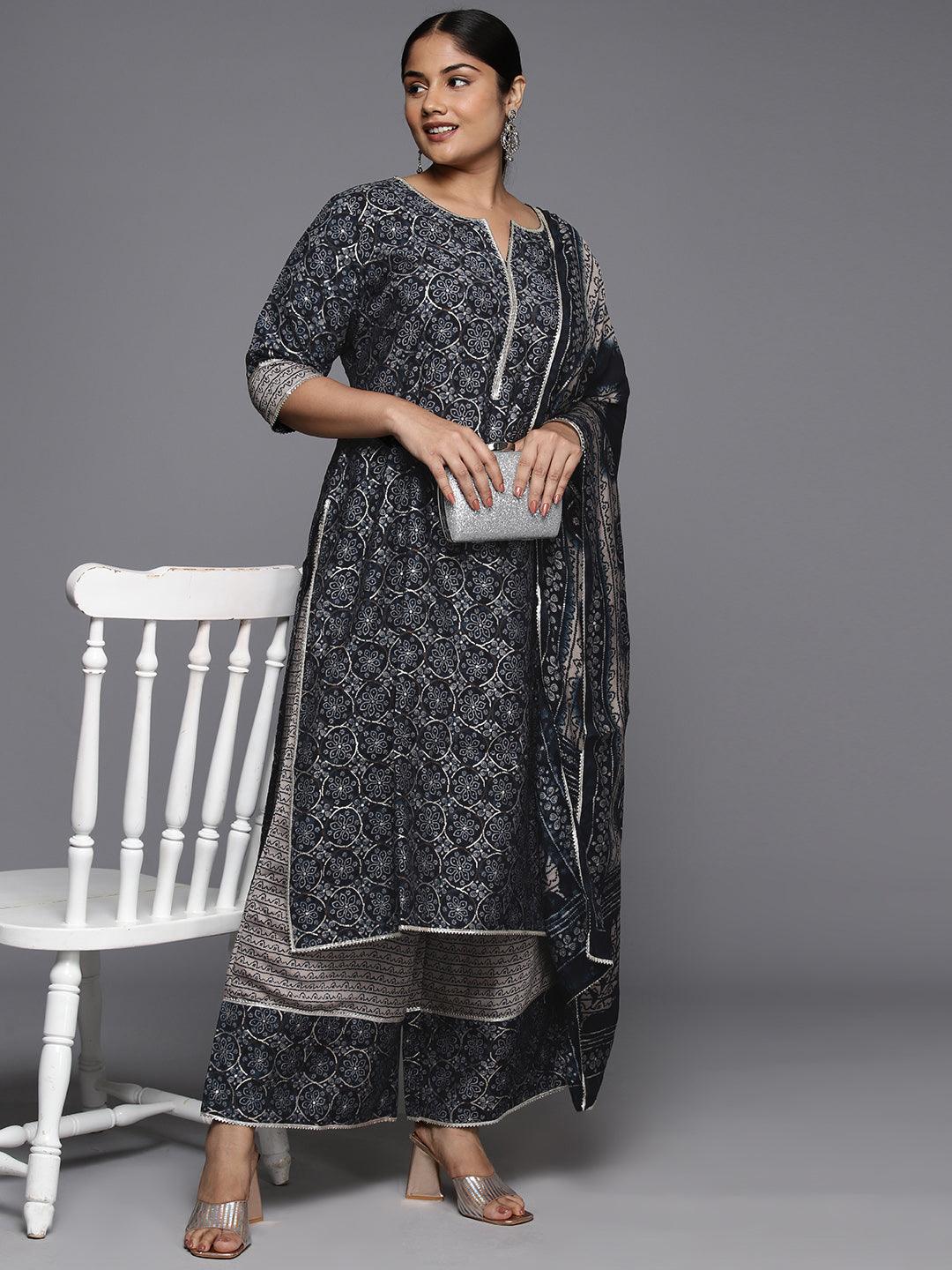 Plus Size Blue Printed Silk Blend Straight Kurta With Palazzos & Dupatta - ShopLibas