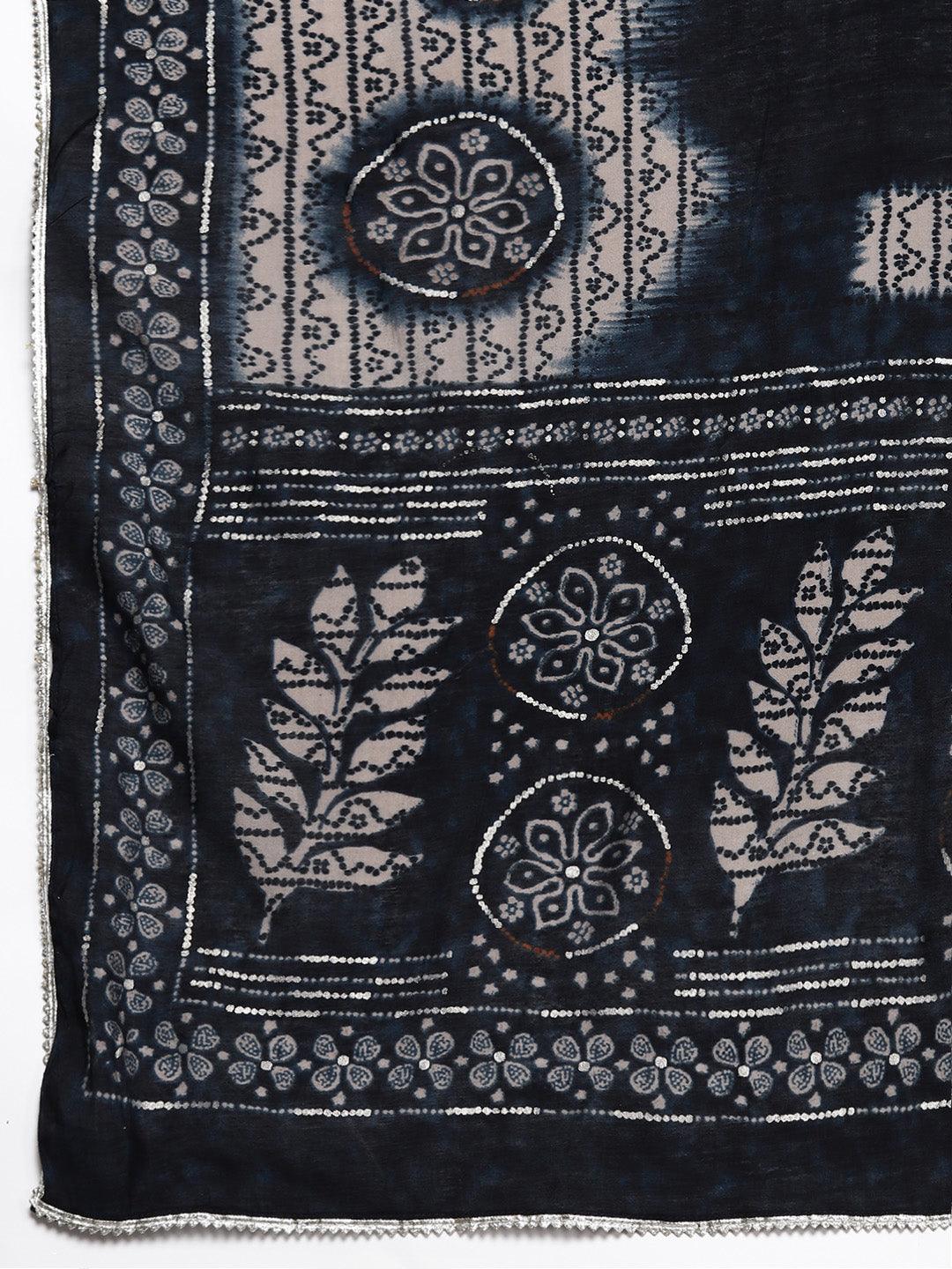 Plus Size Blue Printed Silk Blend Straight Kurta With Palazzos & Dupatta - ShopLibas