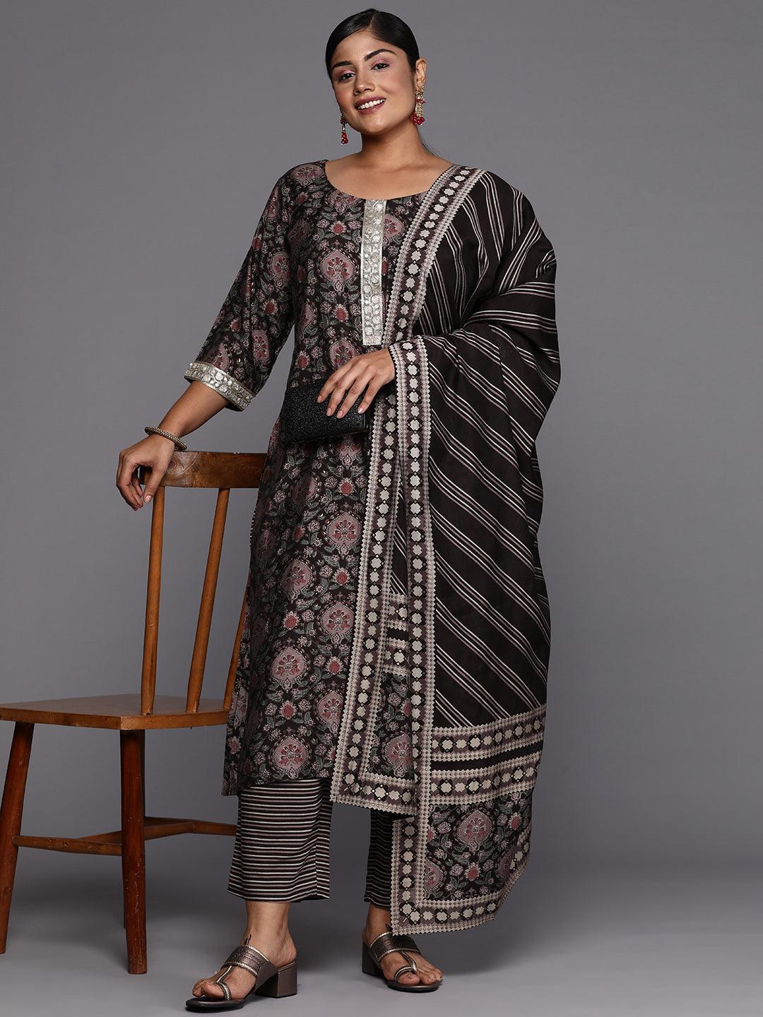 Brown Printed Silk Blend Straight Kurta With Trousers & Dupatta - ShopLibas