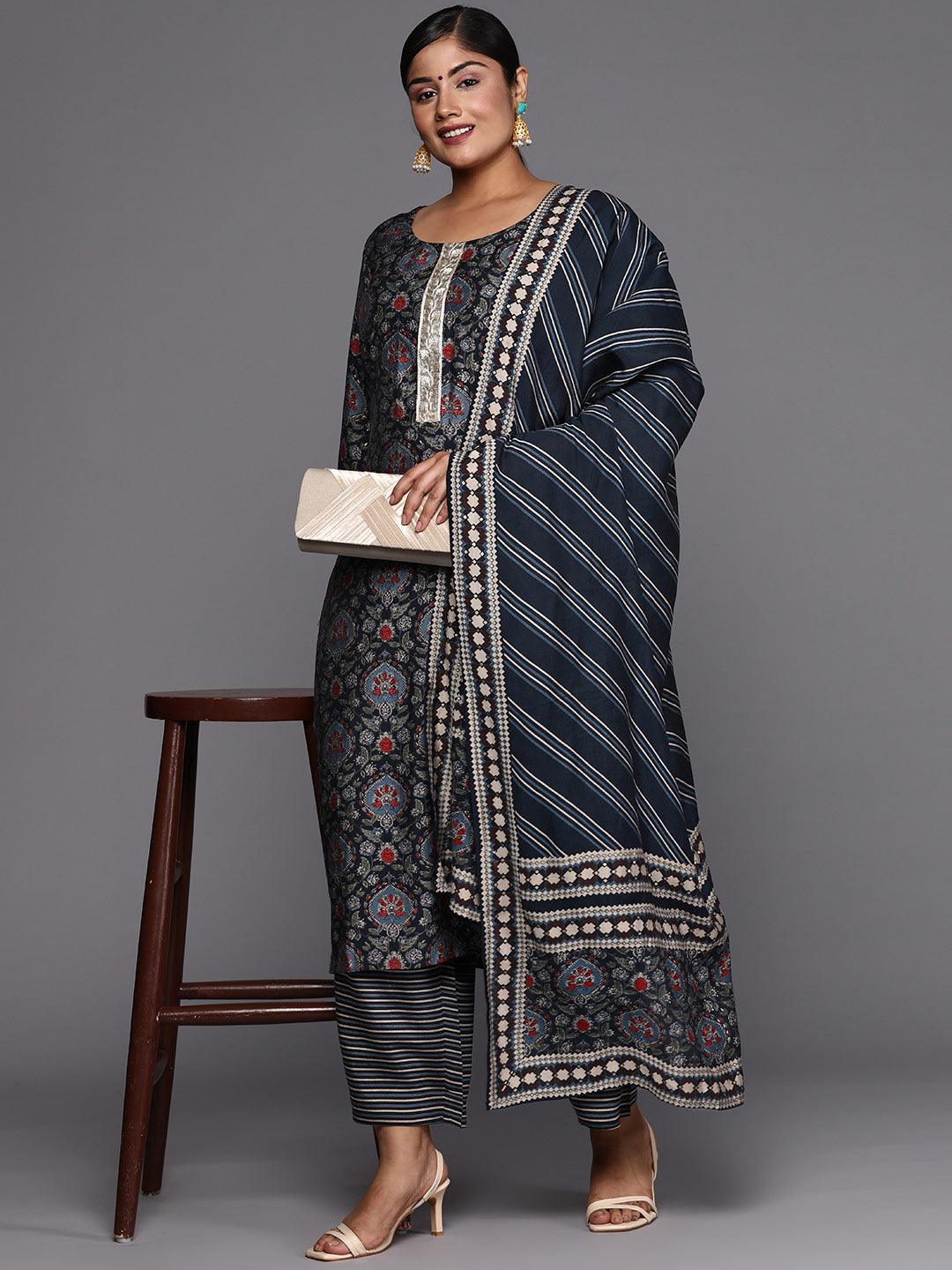 Blue Printed Silk Blend Straight Kurta With Trousers & Dupatta - ShopLibas
