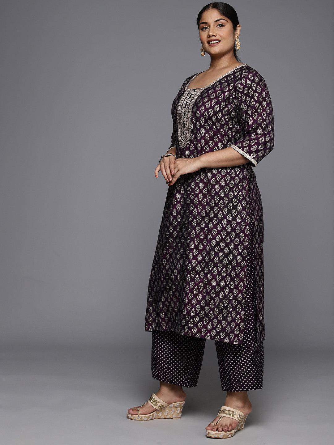Plus Size Purple Yoke Design Silk Blend Straight Kurta With Trousers & Dupatta - ShopLibas
