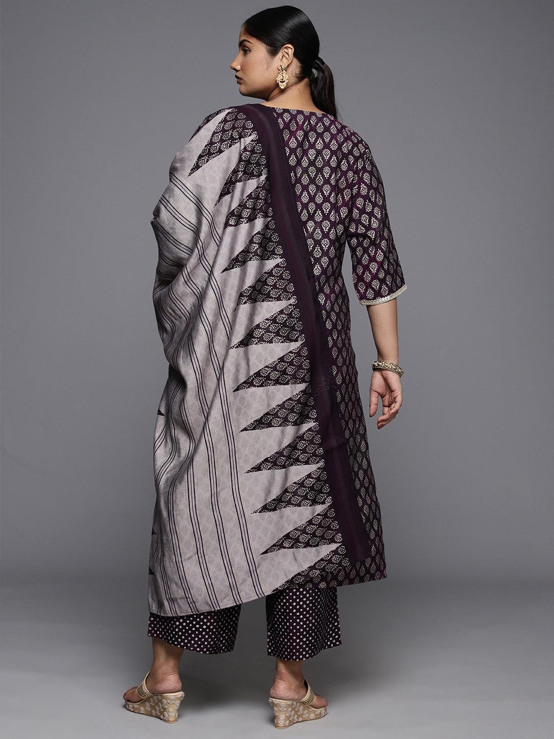 Plus Size Purple Yoke Design Silk Blend Straight Kurta With Trousers & Dupatta - ShopLibas