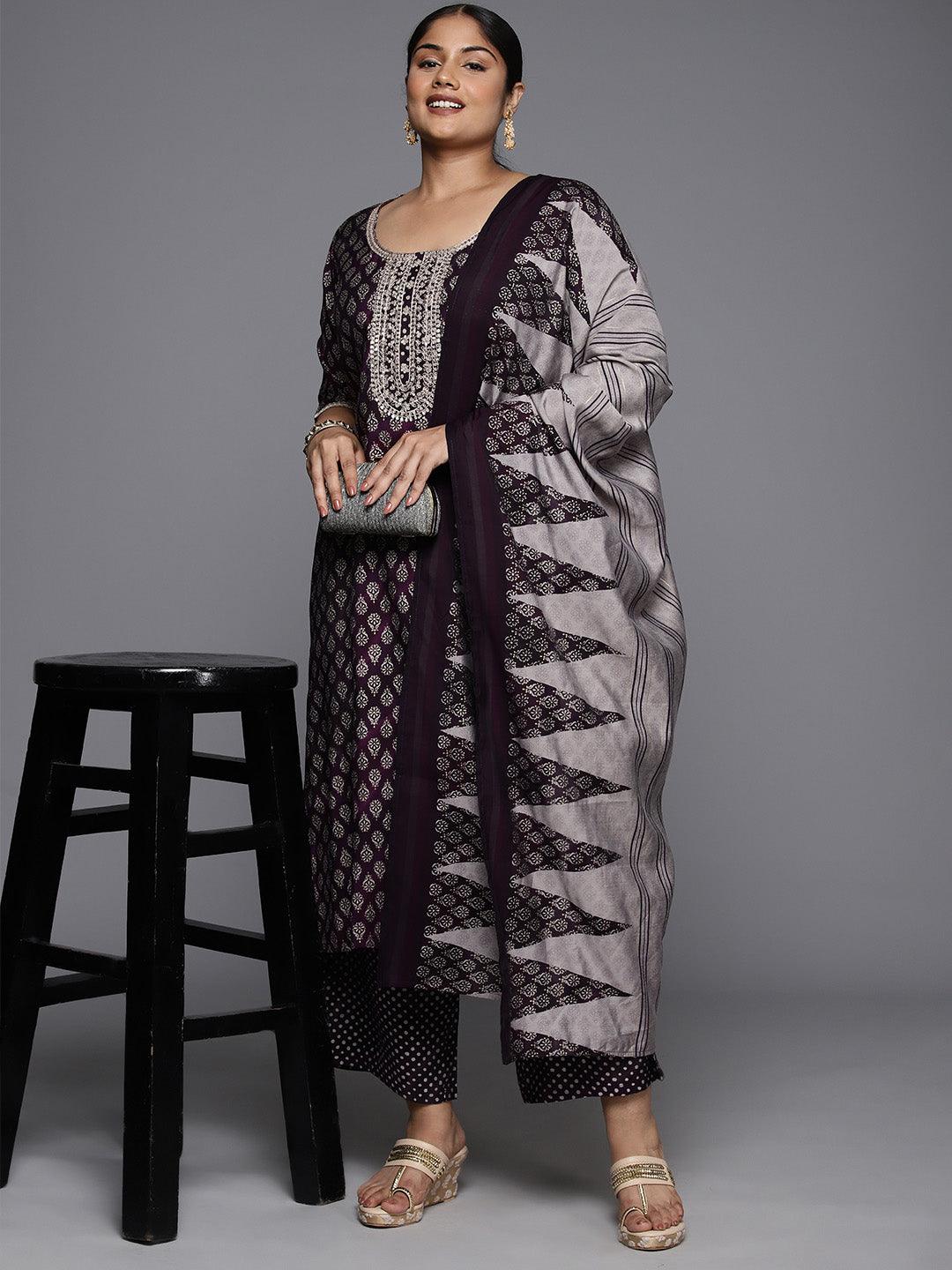 Plus Size Purple Yoke Design Silk Blend Straight Kurta With Trousers & Dupatta - ShopLibas