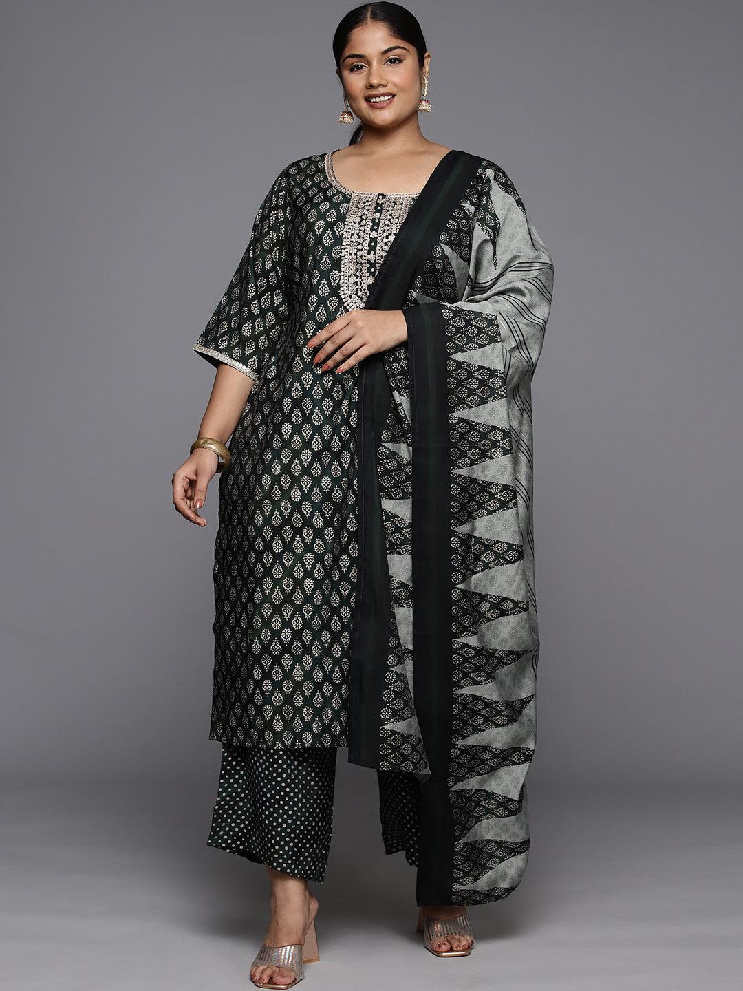 Plus Size Green Yoke Design Silk Blend Straight Kurta With Trousers & Dupatta - ShopLibas