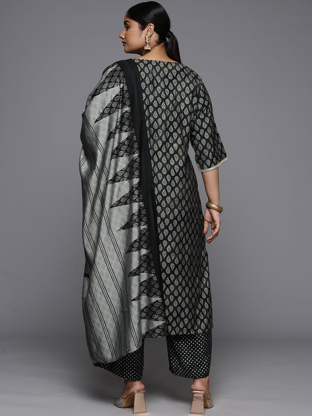 Plus Size Green Yoke Design Silk Blend Straight Kurta With Trousers & Dupatta - ShopLibas