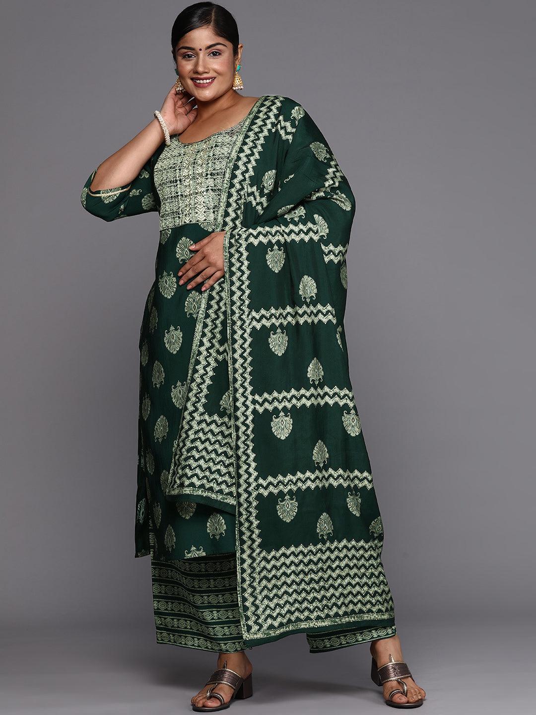 Green Printed Silk Blend Straight Kurta With Trousers & Dupatta - ShopLibas