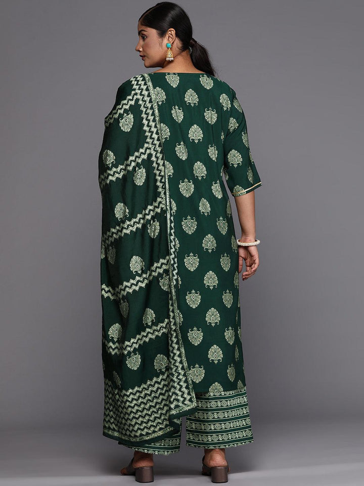Plus Size Green Printed Silk Blend Straight Suit With Dupatta