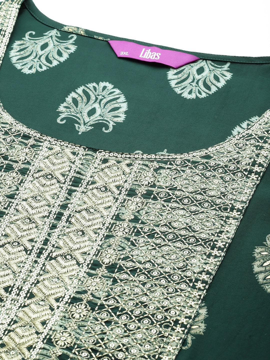 Green Printed Silk Blend Straight Kurta With Trousers & Dupatta - ShopLibas