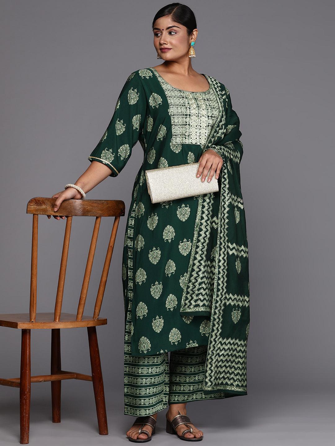 Green Printed Silk Blend Straight Kurta With Trousers & Dupatta - ShopLibas