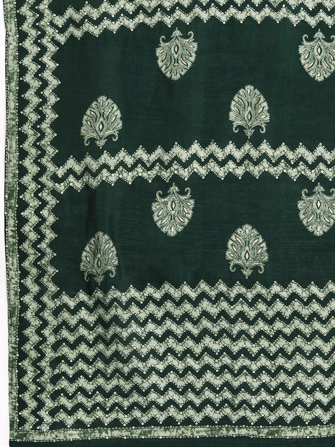 Green Printed Silk Blend Straight Kurta With Trousers & Dupatta - ShopLibas