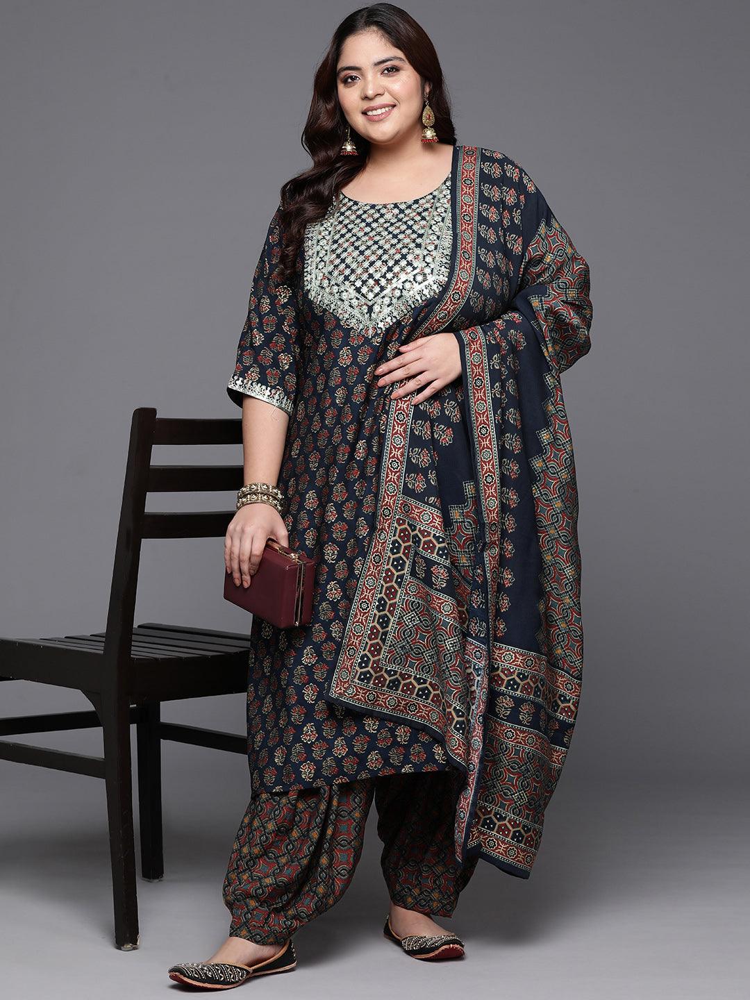 Plus Size Blue Yoke Design Silk Blend Straight Kurta With Salwar & Dupatta - ShopLibas