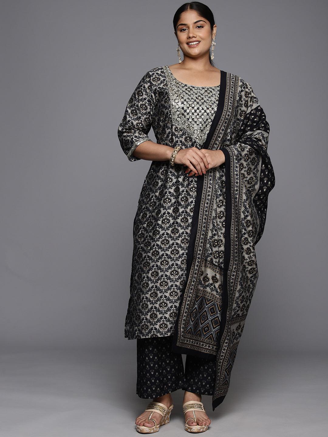 Plus Size Blue Yoke Design Silk Blend Straight Kurta With Trousers & Dupatta - ShopLibas