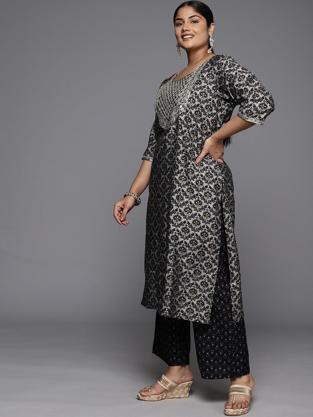 Plus Size Blue Yoke Design Silk Blend Straight Kurta With Trousers & Dupatta - ShopLibas