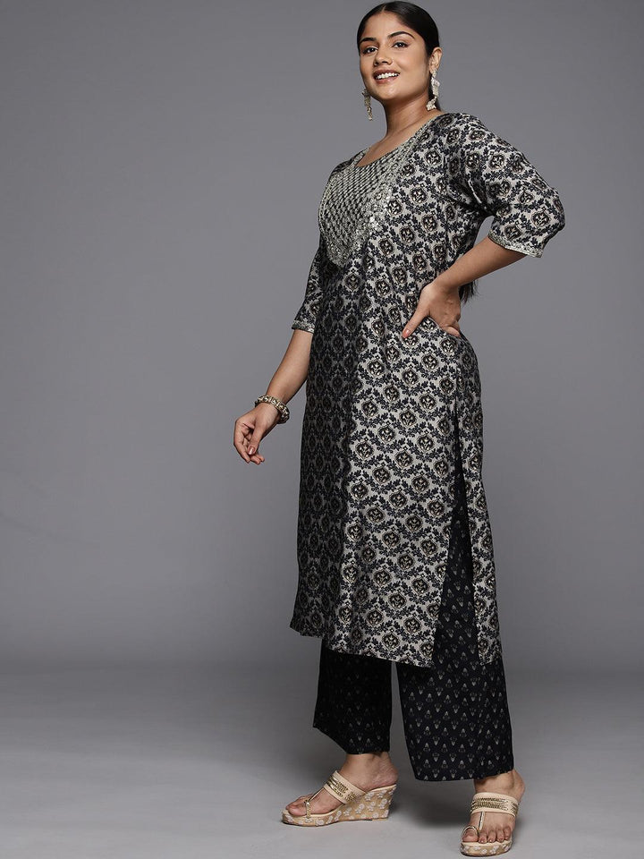 Plus Size Blue Yoke Design Silk Blend Straight Suit With Dupatta