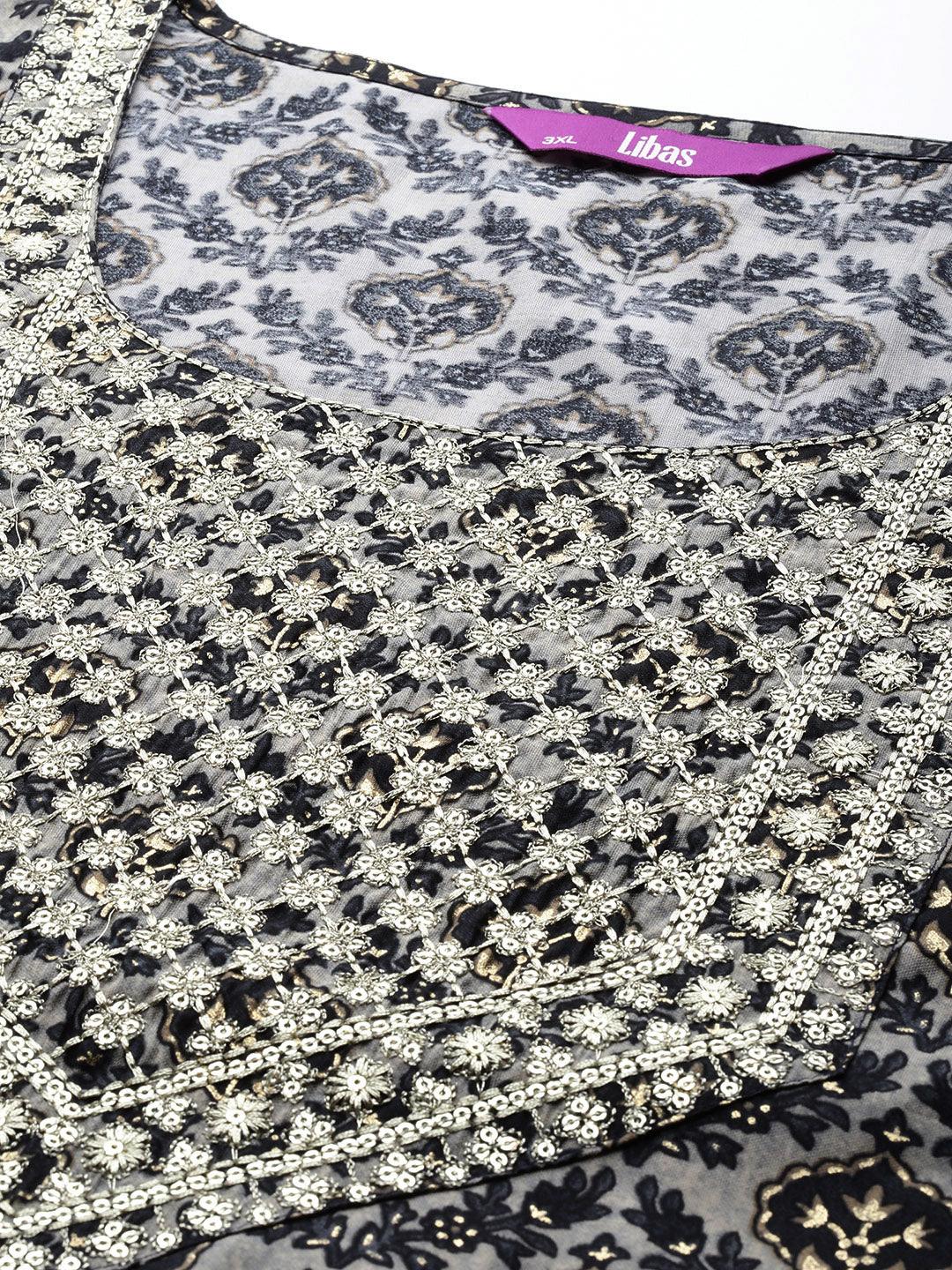 Plus Size Blue Yoke Design Silk Blend Straight Kurta With Trousers & Dupatta - ShopLibas