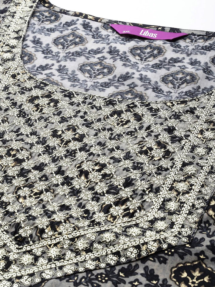 Plus Size Blue Yoke Design Silk Blend Straight Suit With Dupatta