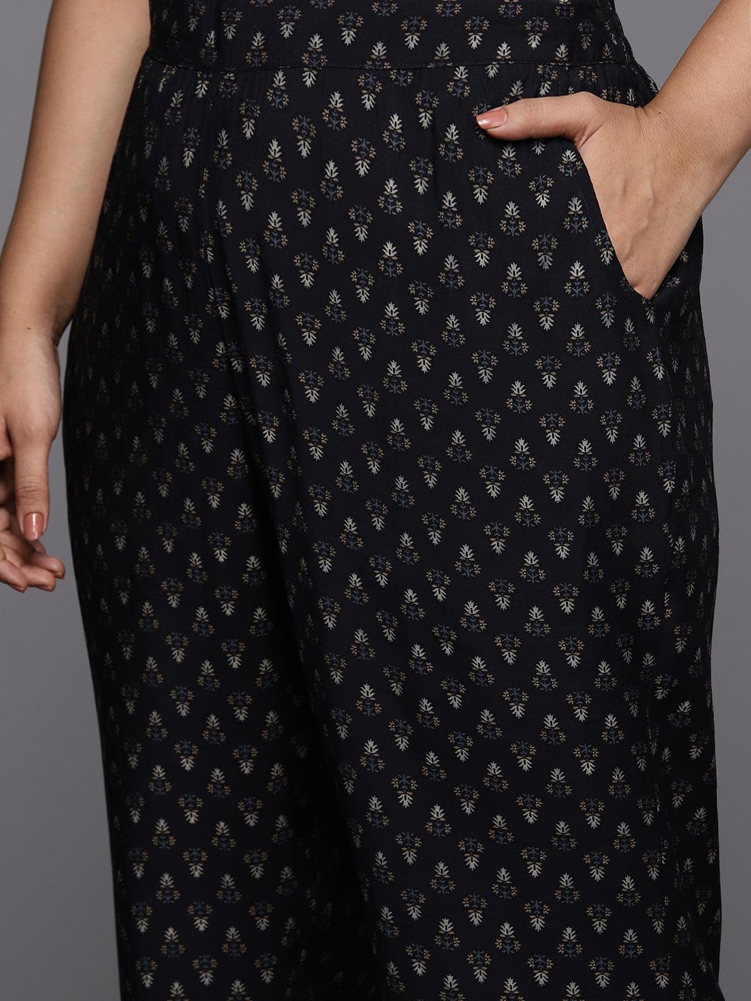 Plus Size Blue Yoke Design Silk Blend Straight Kurta With Trousers & Dupatta - ShopLibas