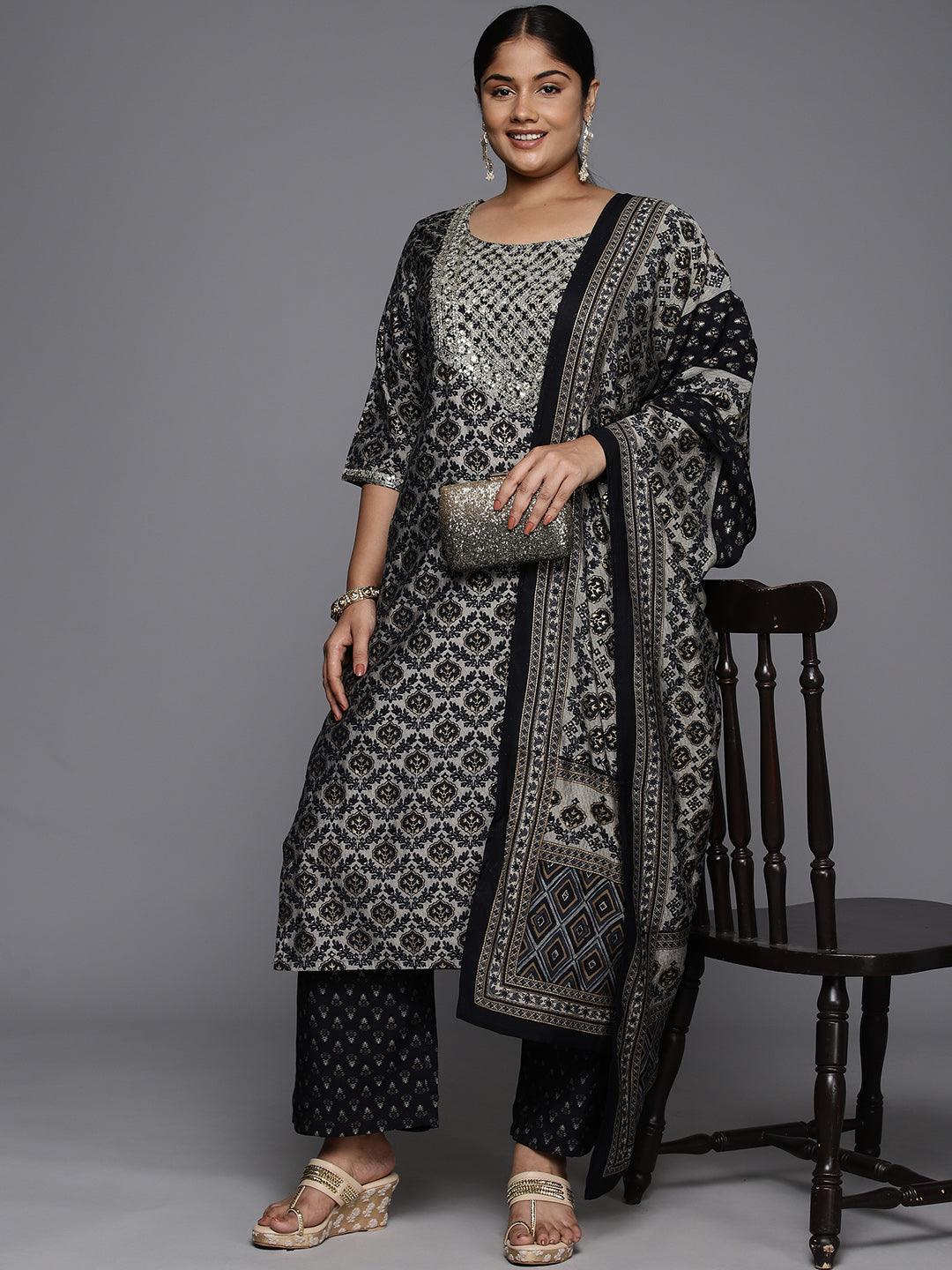 Plus Size Blue Yoke Design Silk Blend Straight Kurta With Trousers & Dupatta - ShopLibas