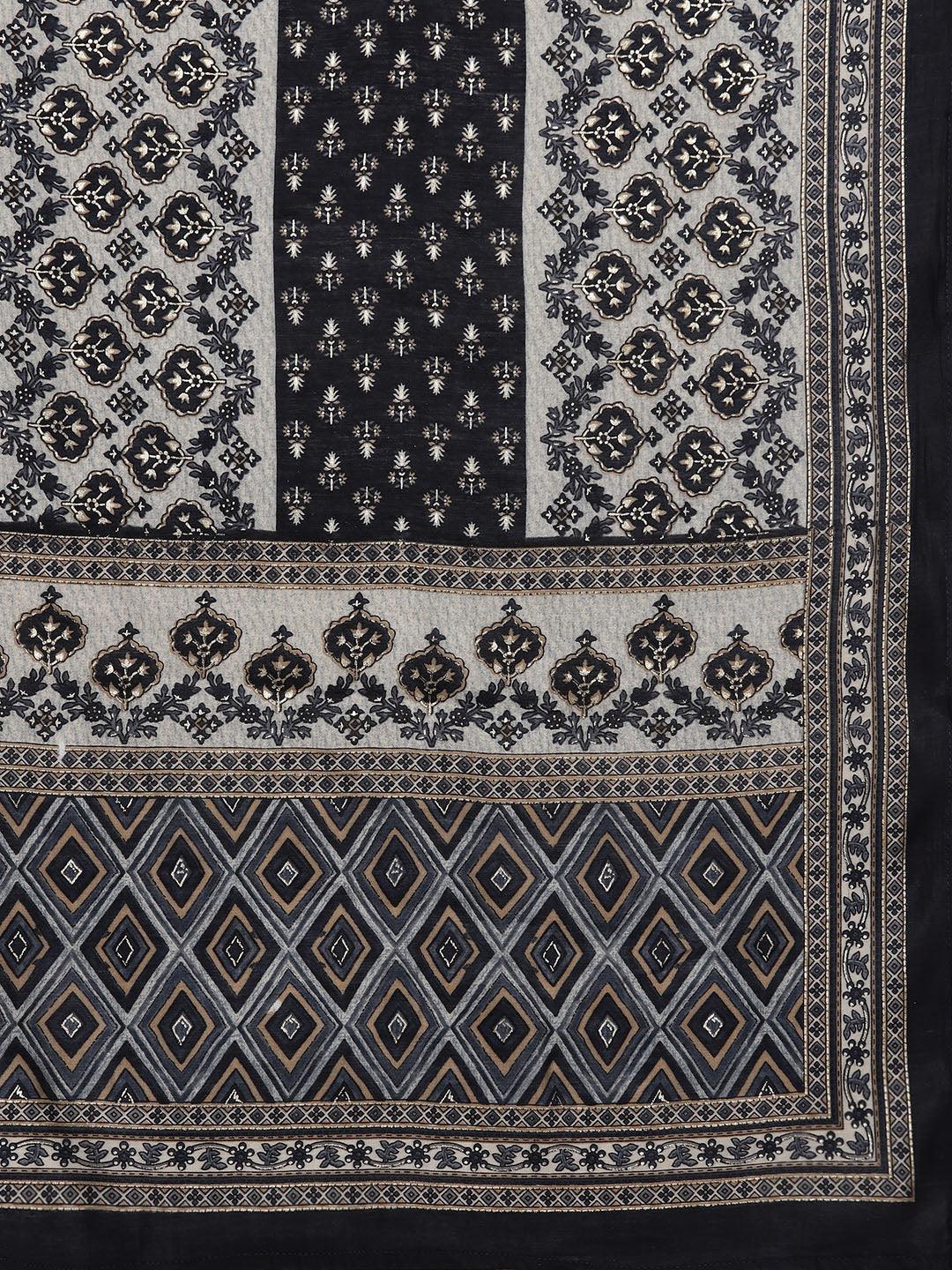 Plus Size Blue Yoke Design Silk Blend Straight Kurta With Trousers & Dupatta - ShopLibas