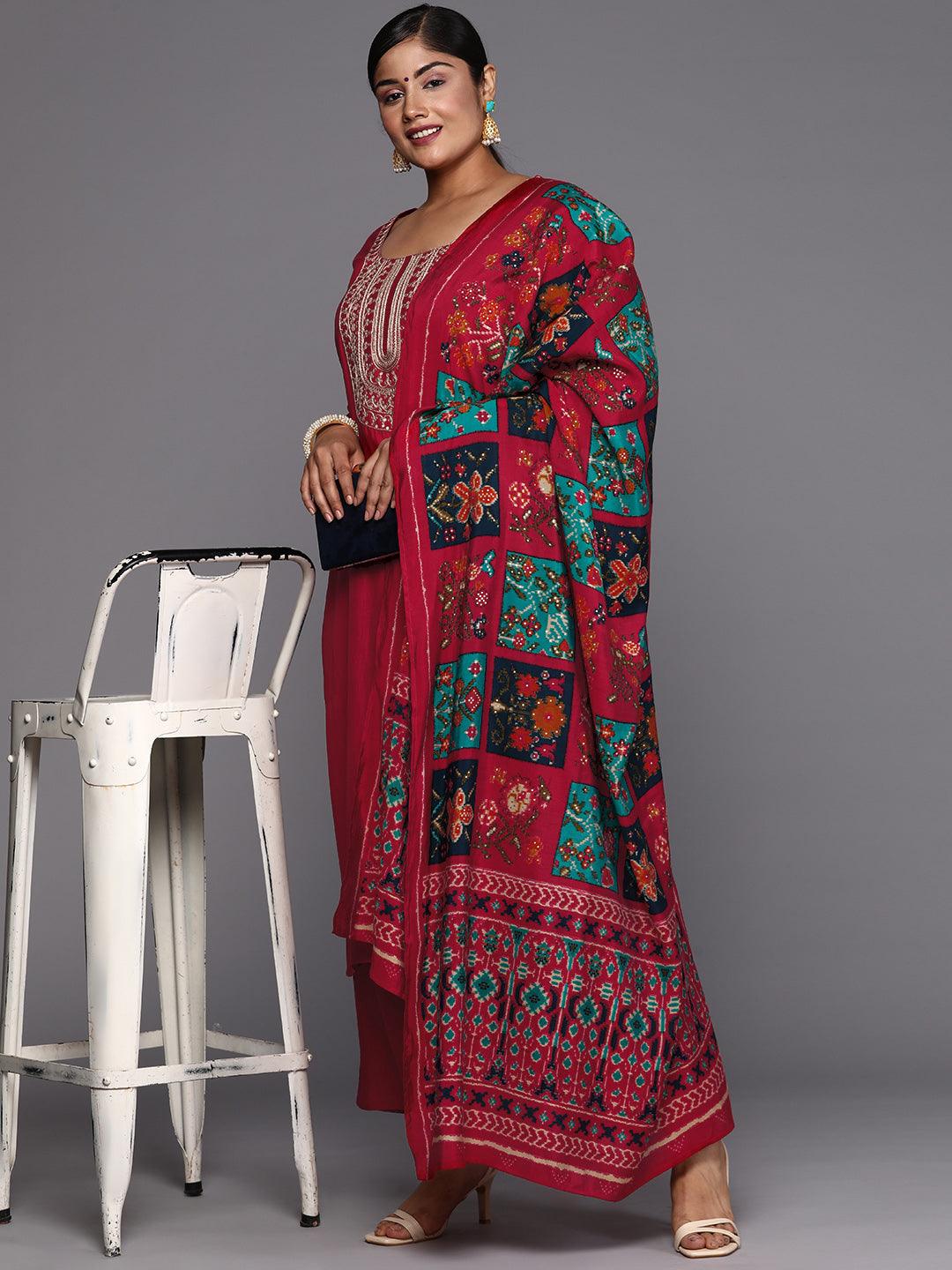 Pink Printed Silk Blend Straight Kurta With Trousers & Dupatta - ShopLibas