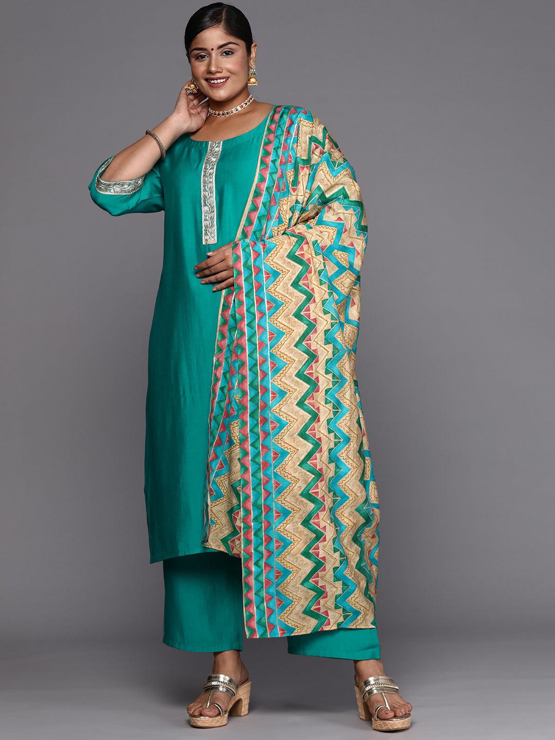 Green Printed Silk Blend Straight Kurta With Trousers & Dupatta - ShopLibas