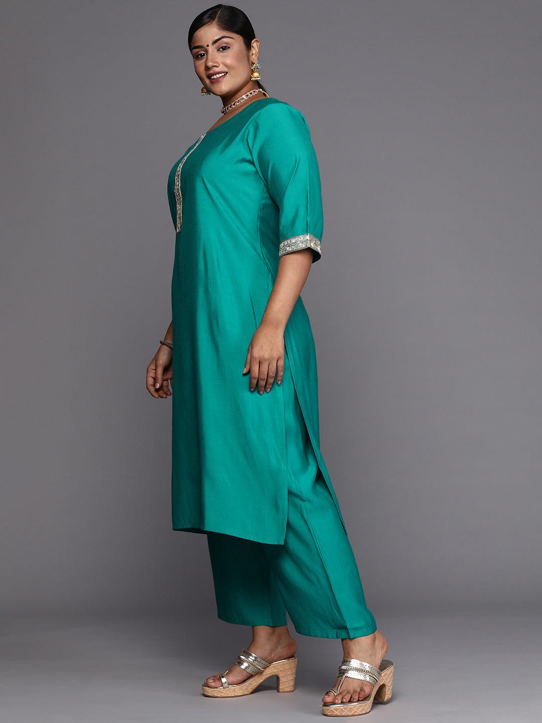 Green Printed Silk Blend Straight Kurta With Trousers & Dupatta - ShopLibas