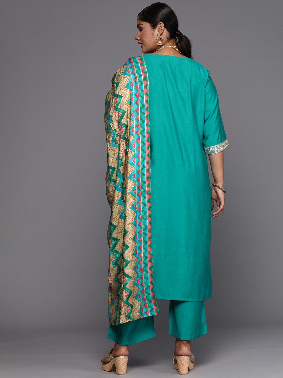 Green Printed Silk Blend Straight Kurta With Trousers & Dupatta - ShopLibas