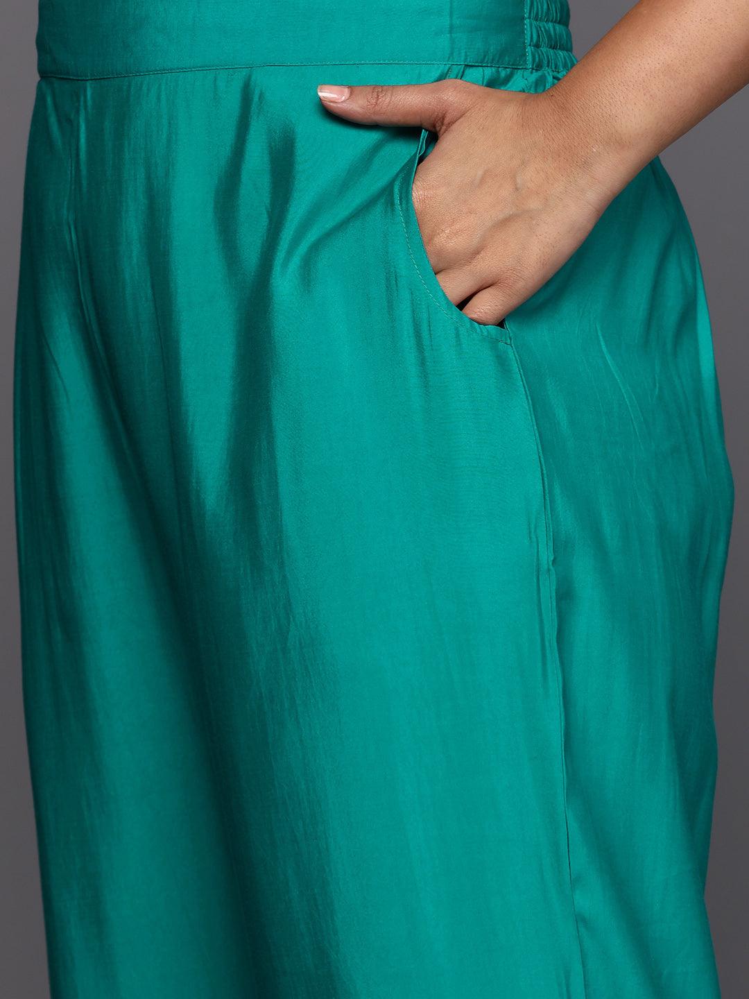 Green Printed Silk Blend Straight Kurta With Trousers & Dupatta - ShopLibas