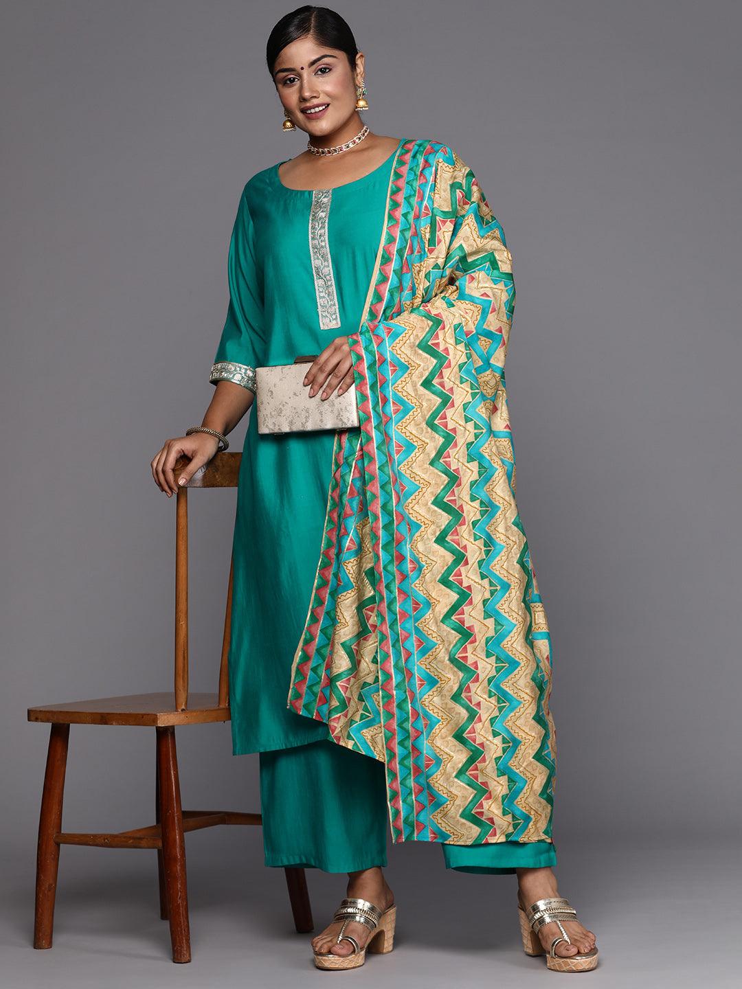 Green Printed Silk Blend Straight Kurta With Trousers & Dupatta - ShopLibas