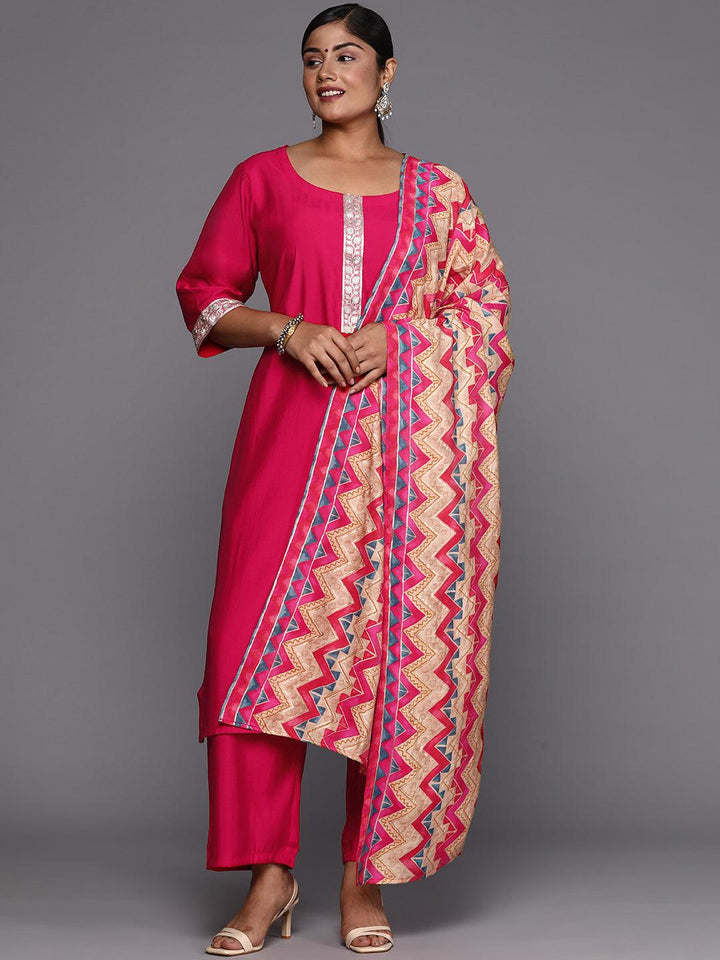 Plus Size Pink Printed Silk Blend Straight Suit With Dupatta