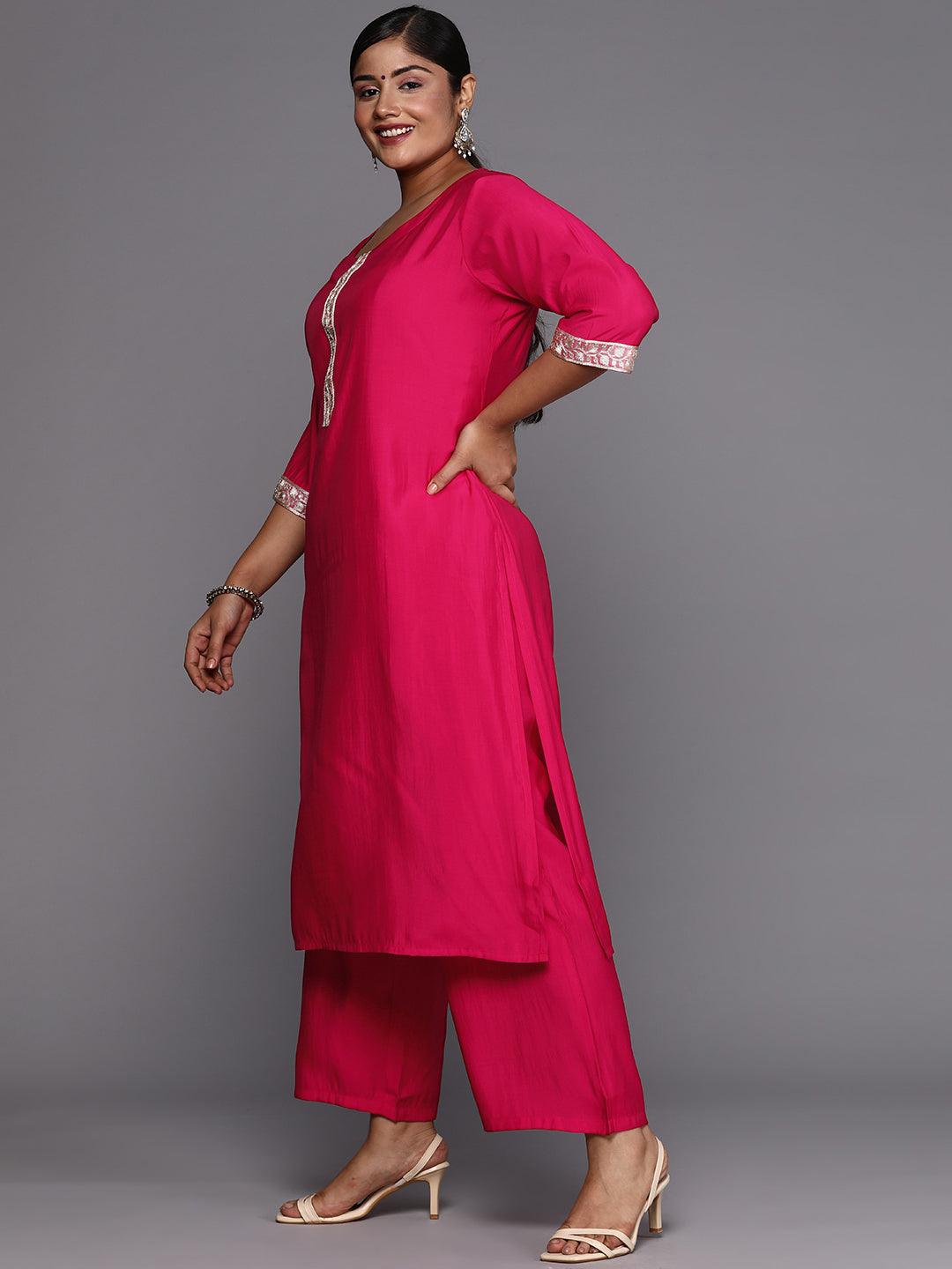 Pink Printed Silk Blend Straight Kurta With Trousers & Dupatta - ShopLibas