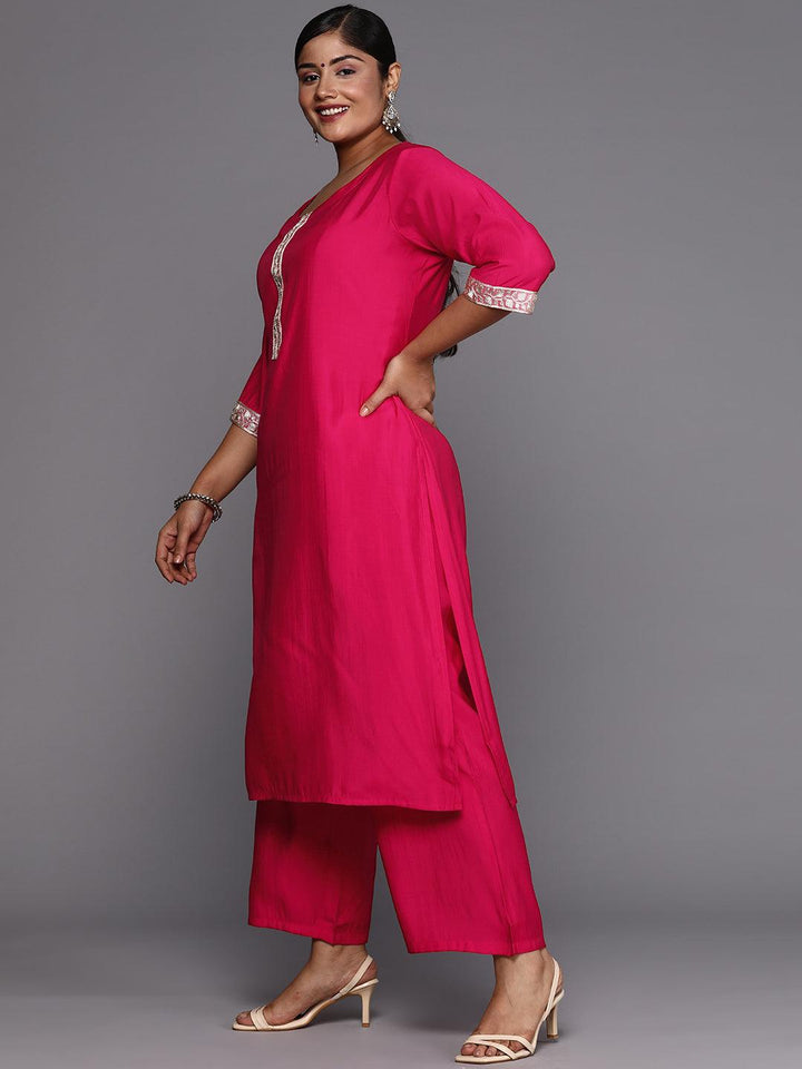Plus Size Pink Printed Silk Blend Straight Suit With Dupatta