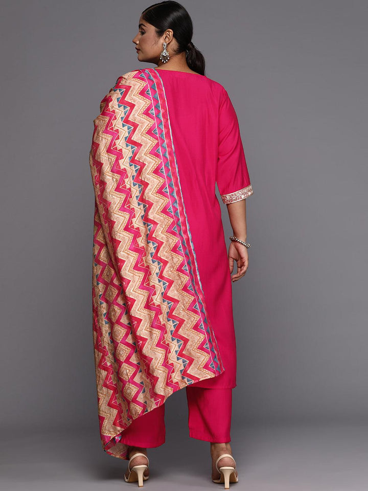 Plus Size Pink Printed Silk Blend Straight Suit With Dupatta