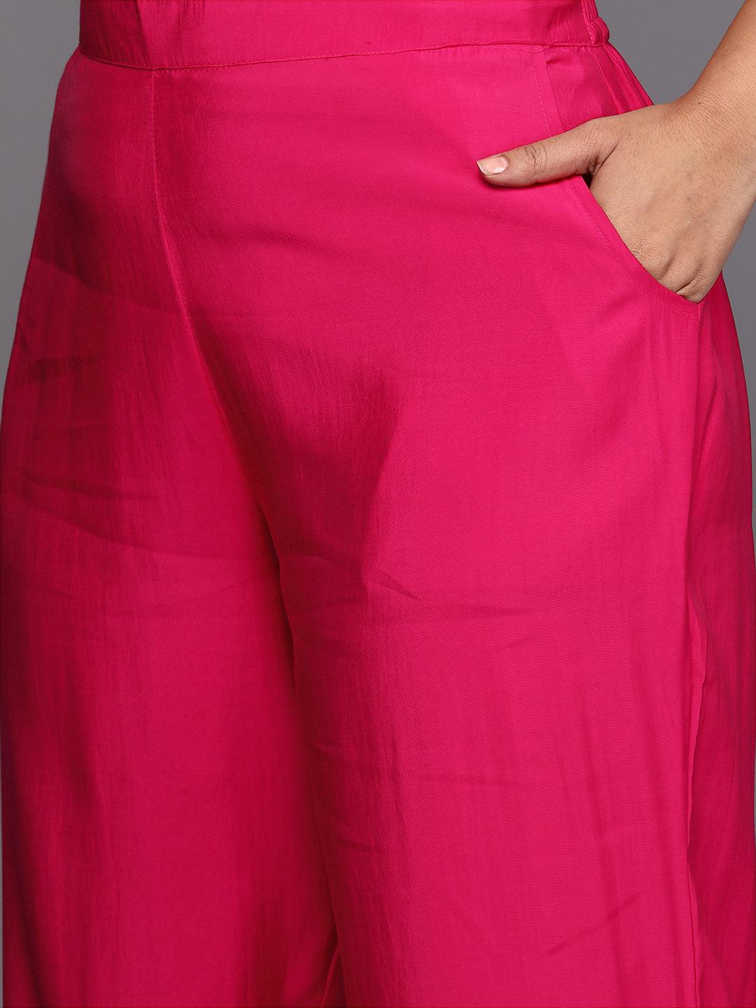 Pink Printed Silk Blend Straight Kurta With Trousers & Dupatta - ShopLibas