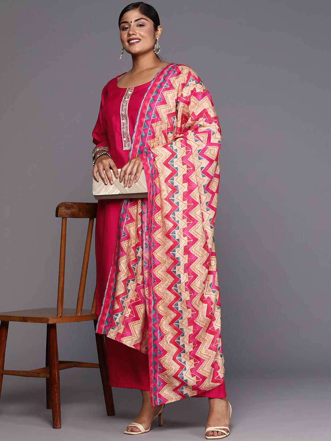 Pink Printed Silk Blend Straight Kurta With Trousers & Dupatta - ShopLibas