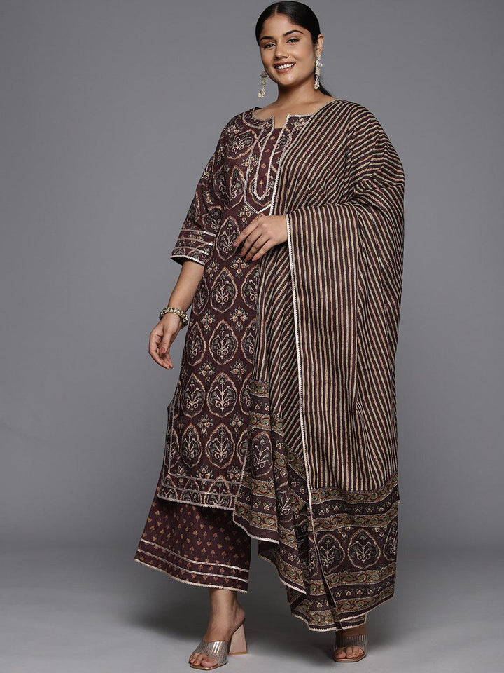 Plus Size Brown Printed Cotton Straight Suit With Dupatta
