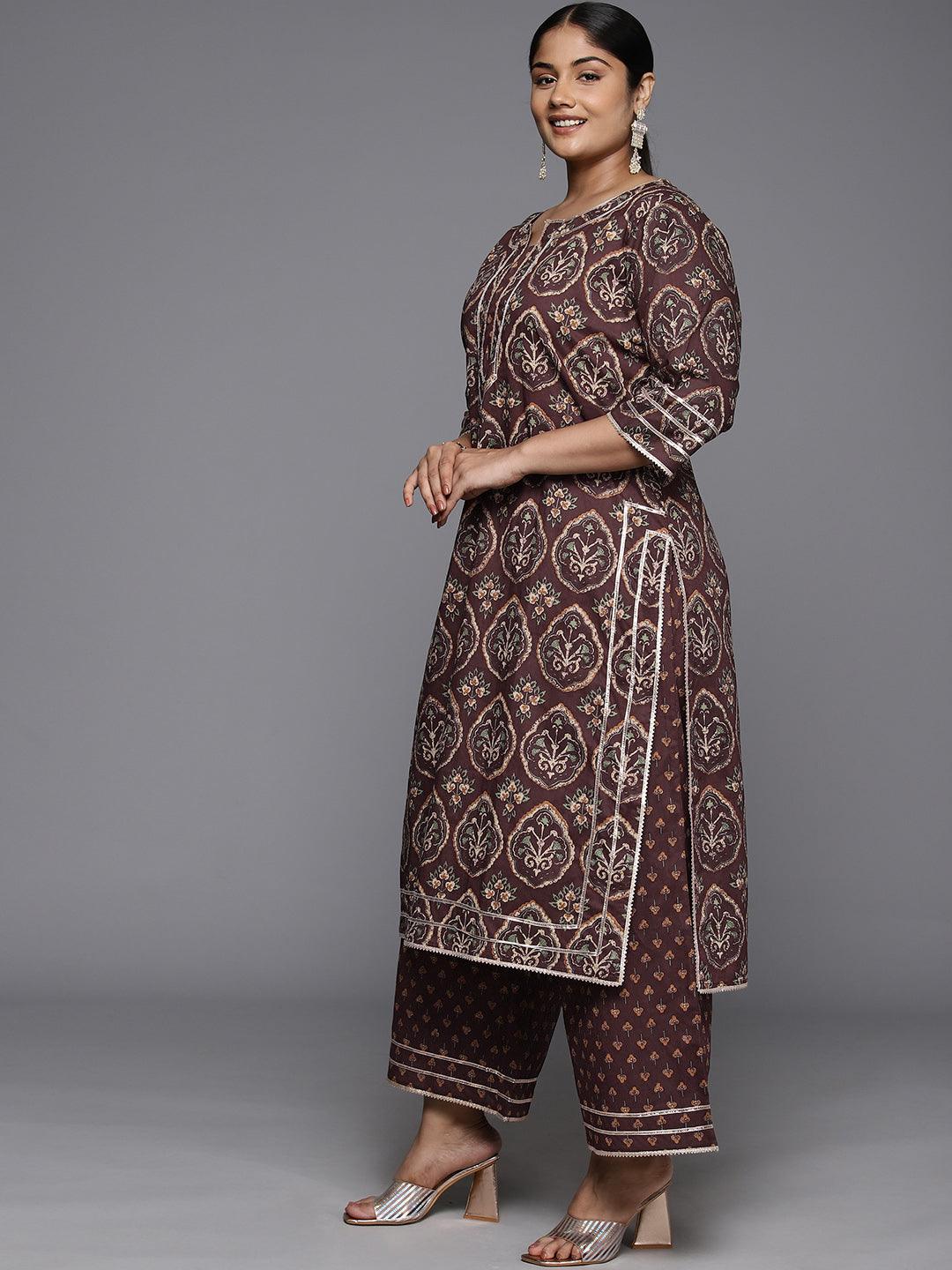 Plus Size Brown Printed Cotton Straight Kurta With Palazzos & Dupatta - ShopLibas