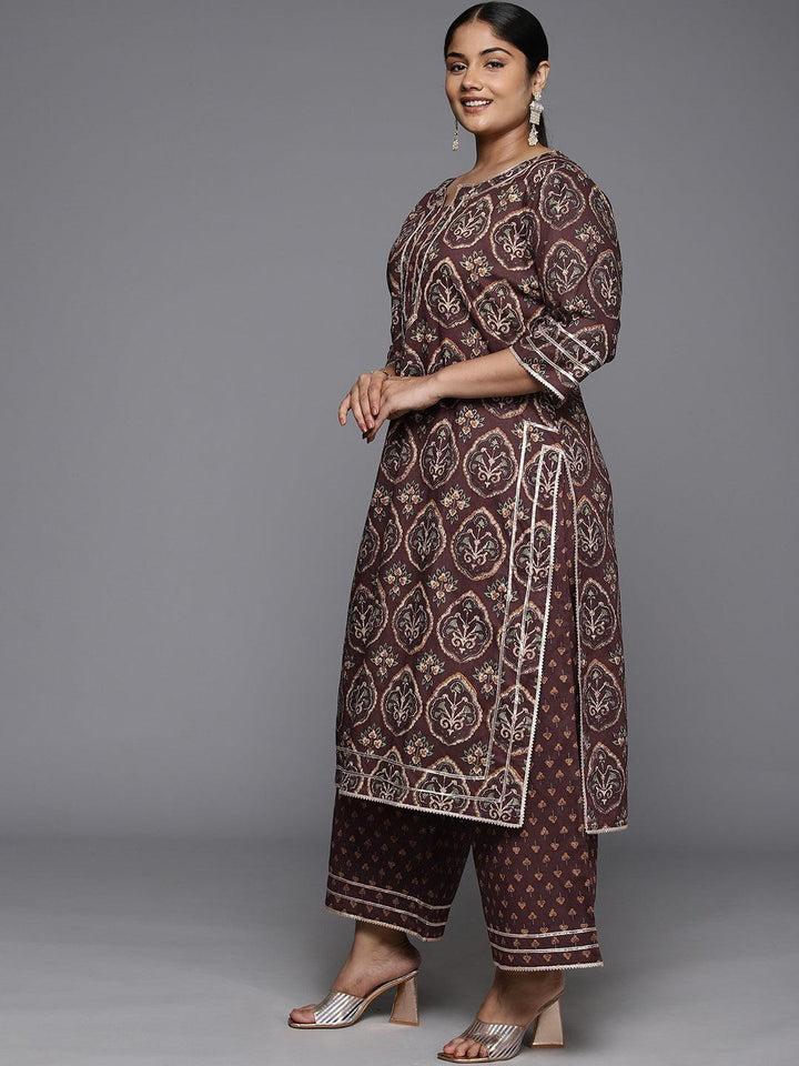 Plus Size Brown Printed Cotton Straight Suit With Dupatta