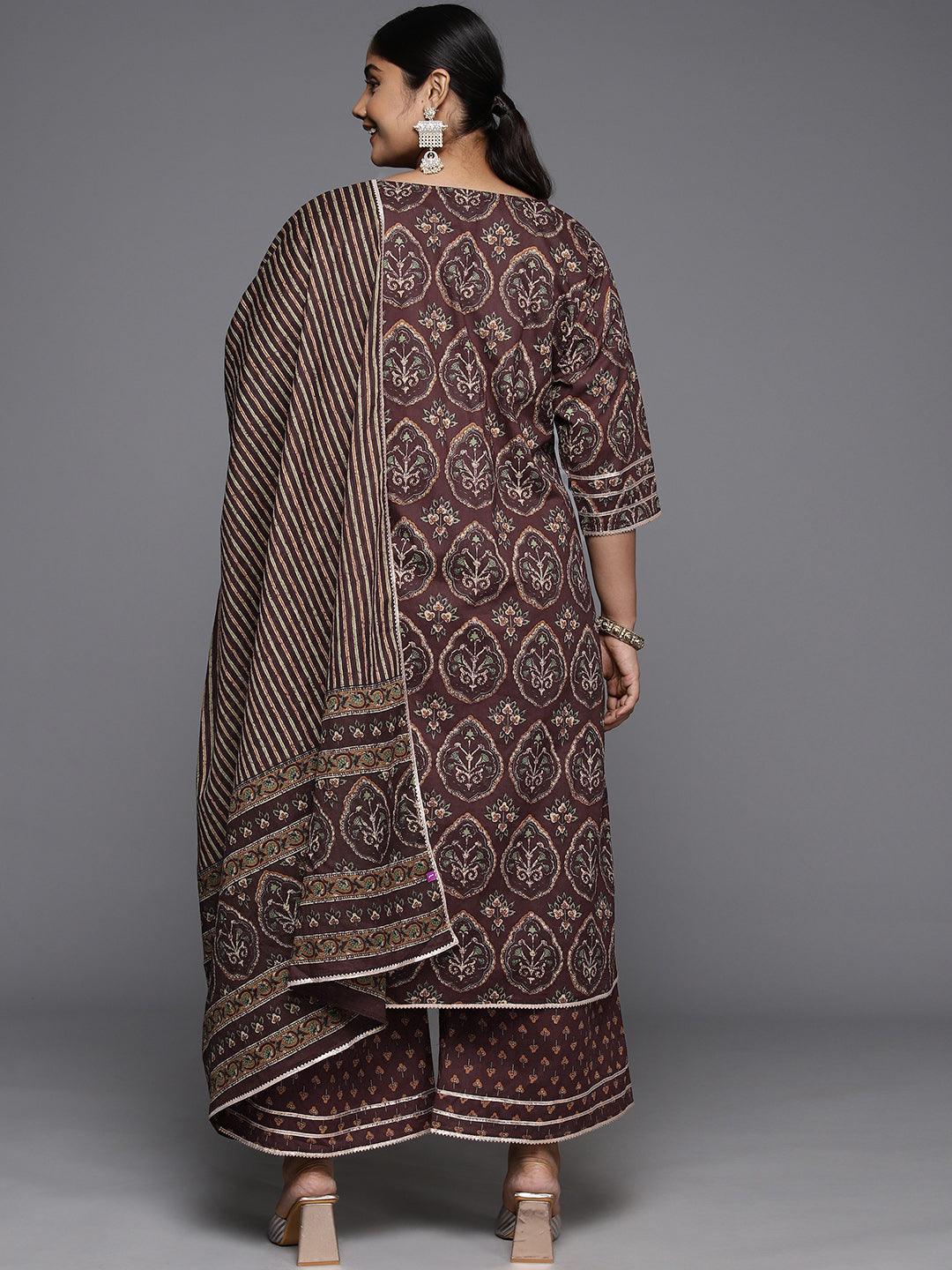 Plus Size Brown Printed Cotton Straight Kurta With Palazzos & Dupatta - ShopLibas